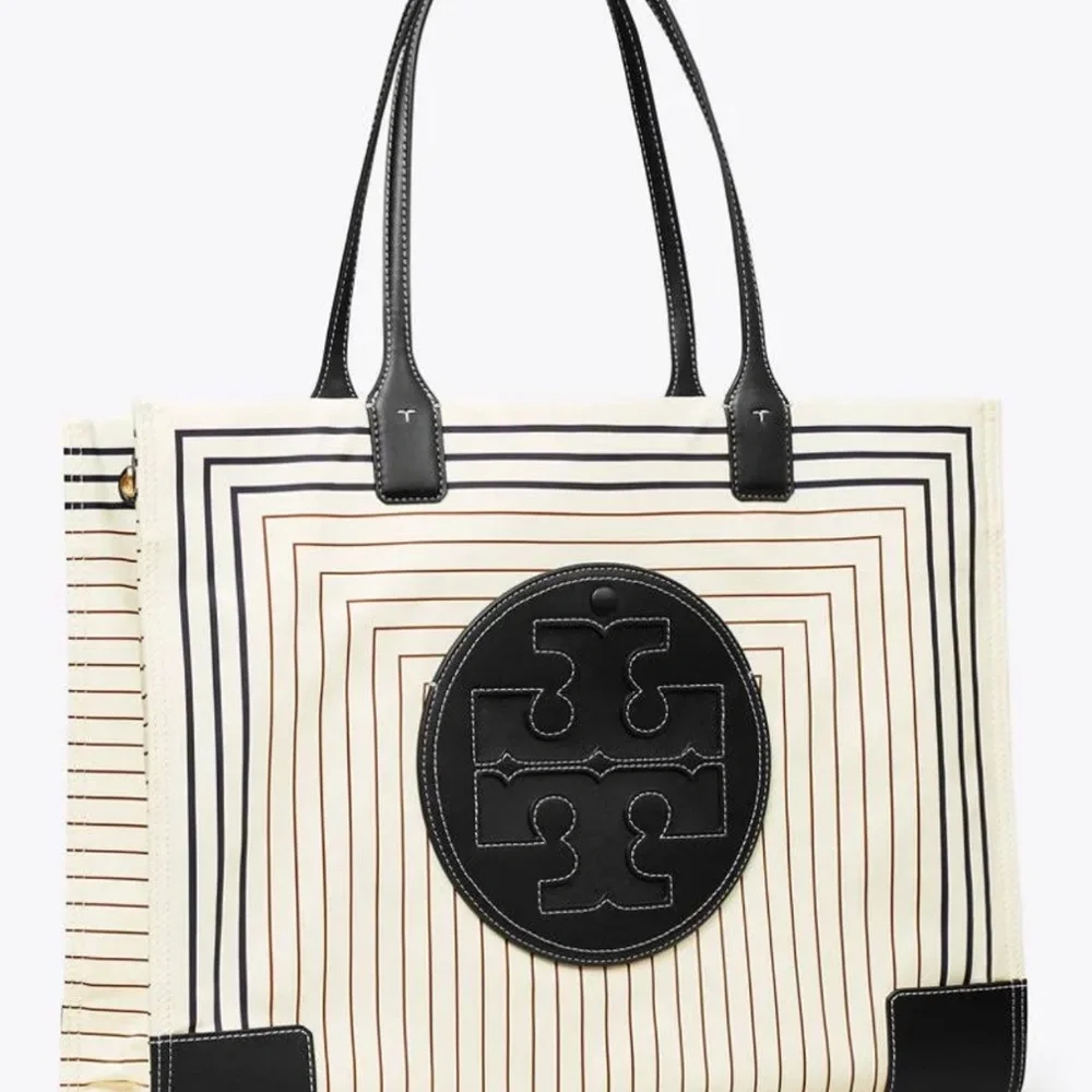 Tory Burch Black and Cream Striped Logo Tote